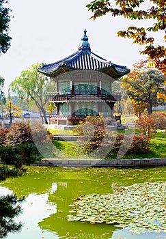 Seoul, South Korea, Gyeongbok palace or temple pagoda with lake