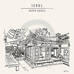 Seoul, South Korea. Hanok Bukchon. Hand drawn vintage touristic postcard