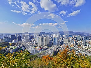 SEOUL, SOUTH KOREA - OCTOBER 23, 2022: Skyscraper scene of high rise buildings and apartments in Seoul from Namsan mountaini