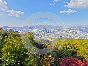 SEOUL, SOUTH KOREA - OCTOBER 23, 2022: Skyscraper scene of high rise buildings and apartments in Seoul from Namsan mountaini