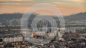 Seoul South Korea skyline sunset time lapse at Han River view from Namsan Mountain in