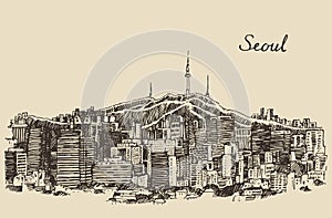 Seoul Special City South Korea vintage sketch