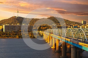 seoul tower and dongjak bridge over han river