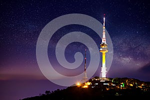 Seoul tower with Milky way at night.Namsan Mountain.