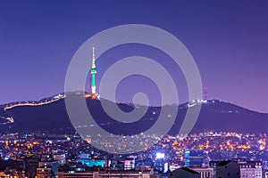 Seoul tower or namsan tower at night view, landmark of Korea.