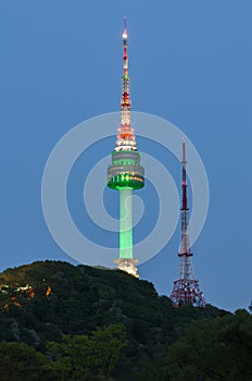 Seoul tower at night.Namsan Mountain in korea