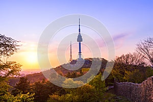 Seoul tower and Seoul city skyline on Namsan mountain and beautiful sunset in downtown Seoul, South Korea