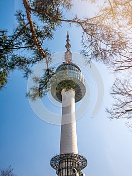 Seoul Tower in summer at Namsan mountain, Seoul, South Korea.Blue sky background.