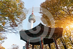 Seoul Tower with yellow and red autumn maple leaves at Namsan mo