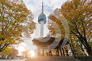 Seoul Tower with yellow and red autumn maple leaves at Namsan mo