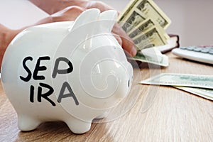 SEP IRA written on a side of piggy bank. Pension plan.