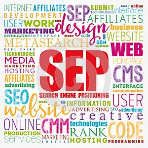 SEP search engine positioning word cloud collage, technology business concept background