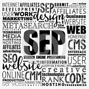 SEP search engine positioning word cloud collage, technology business concept background