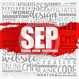 SEP search engine positioning word cloud collage, technology business concept background
