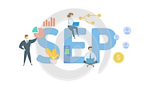 SEP, Simplified Employee Pension. Concept with keywords, people and icons. Flat vector illustration. Isolated on white.