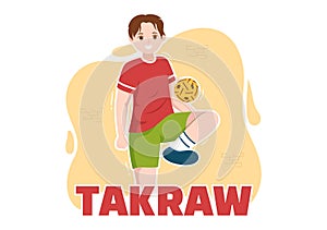 Sepak Takraw Illustration with Athlete Playing Kick Ball on Court in Flat Sports Game Competition Cartoon Hand Drawn Template