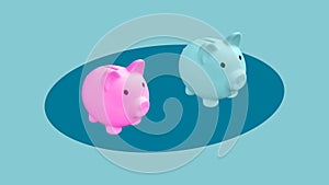 Separate budgets in relationships and family. Collage with blue and pink piggy banks