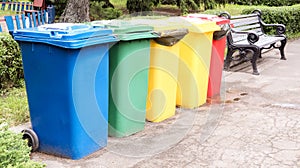 Separate containers for garbage collection in the park. Multi-colored street trash cans on the street. Containers Selective