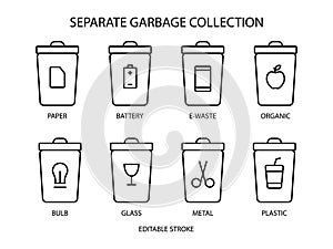 Separate garbage collection outline icon. Trash sorting. Save the planet. Customizable linear contour symbol