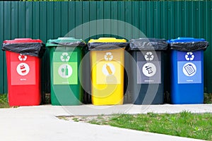 Separate garbage collection. Waste recycling concept. Containers for metal, glass, paper, organics, plastic for further processing