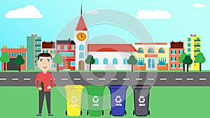 Separate garbage waste. concept of processing waste and garbage. man stands near garbage containers with waste