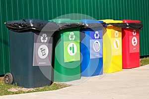 Separate garbage. Waste recycling concept. Containers for metal, glass, paper, organics, plastic for further processing of garbage