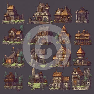 Separate models of pixel buildings. 16 pixel, highly detailed, games