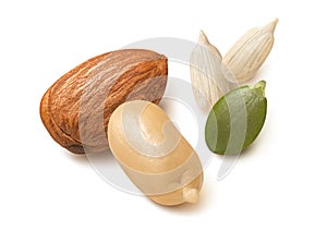Separate nuts, almond, peanut, sunflower and pumpkin seeds isolated on white background