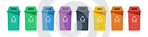 Separation concept. Set of color recycle bin icons in trendy flat style, isolated on white background. Green blue violet black yel photo