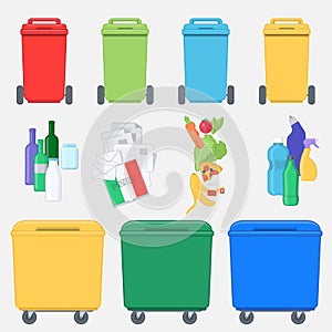 Separation of waste on garbage bins. Recycling bins with plastic