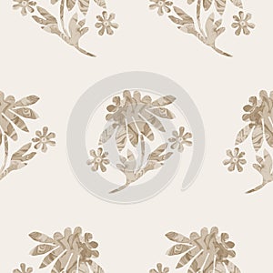 Sepia brown marble floral seamless pattern. Subtle 2 tone flower bloom in simple textured matisse paper cut style. All