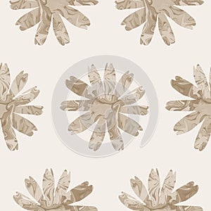 Sepia brown marble floral seamless pattern. Subtle 2 tone flower bloom in simple textured matisse paper cut style. All