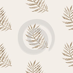 Sepia brown marble foliage seamless pattern. Subtle 2 tone leaf motif in simple textured matisse paper cut style. All