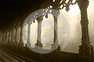 Portugal - Bussaco Palace Arched Gallery, Tracery Design, Foggy Day - Sepia Image photo
