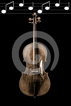 Sepia of a cello on a black background