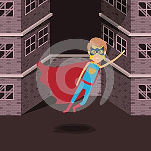 Sepia color background buildings brick facade with superhero man with costumes and flying