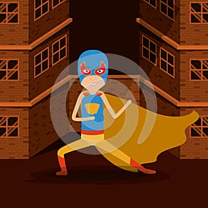 Sepia color background buildings brick facade with superhero man with costumes and mask complete