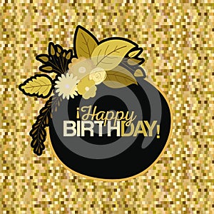 Sepia color pixel background with circular frame with decorative flowers and text happy birthday inside