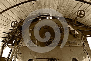 Sepia details of an old steam locomotive interior 2