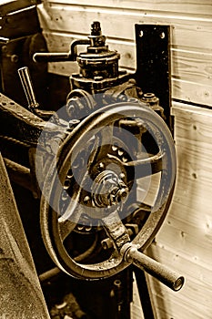 Sepia details of an old steam locomotive interior