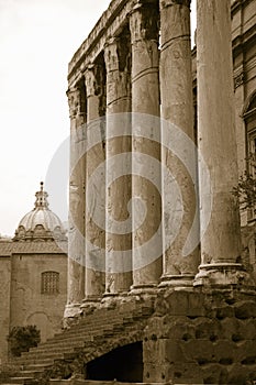 Sepia image of Temple of Antoninus and Faustina built in 141 AD, at the Roman Forum, Rome, Italy, Europe