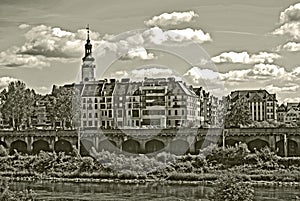 Sepia photo of an old town of Glogow, Poland