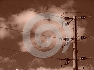 Sepia Power Lines With CLouds