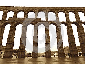 Sepia Tone of The Aqueduct of Segovia, Spain