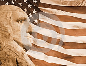 Sepia tone photo montage: Profile of President George Washington and American flag