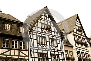 Sepia toned half-timbered houses in Mainz