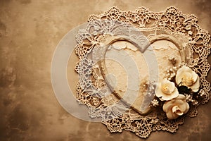 Sepia toned lace heart and cream roses on a textured background in retro vintage style. Love concept