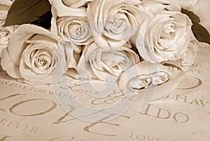 Sepia wedding roses and rings