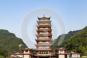 Sept 2017 â€“ Zhangjiajie - China - Wulingyuan national park gate with a traditional chinese style wooden tower