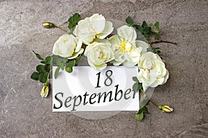 September 18th. Day 18 of month, Calendar date. White roses border on pastel grey background with calendar date. Autumn month, day